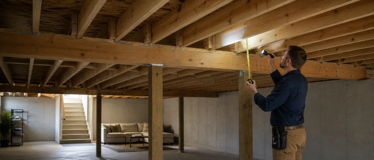 Inspector examining accessible wood floor framing below a furnished room