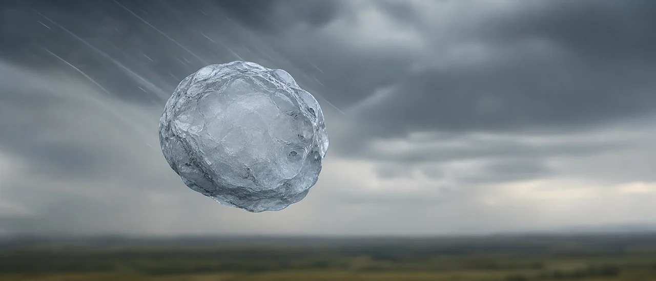 Three-inch hailstone falling through layered air with a clear scale reference