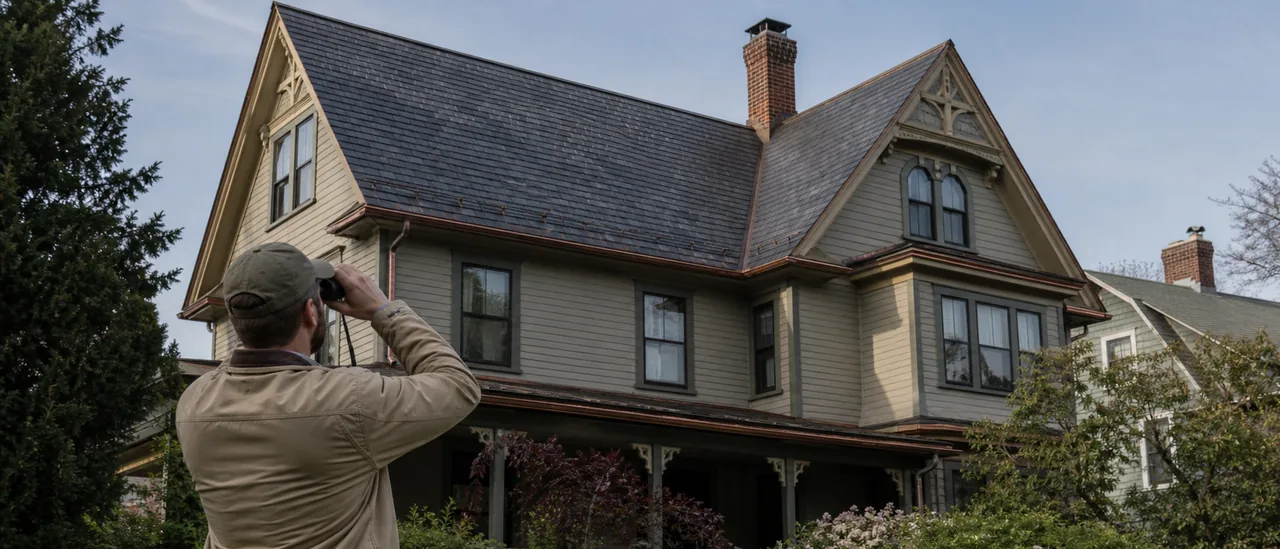 Inspector using binoculars to examine the slate roof of a historic home