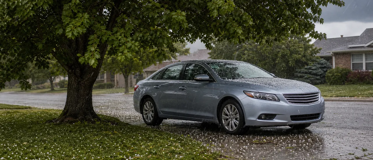 Educational illustration explaining does parking under a tree protect a car from hail.