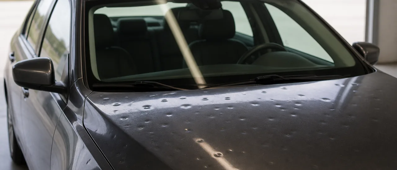 Labeled examples illustrating what does hail damage look like on a car.