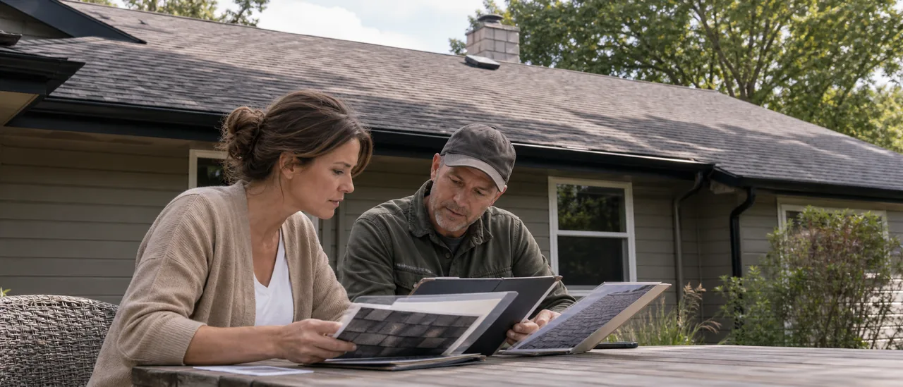 Homebuyer reviewing a roof inspection report beside an independent inspector