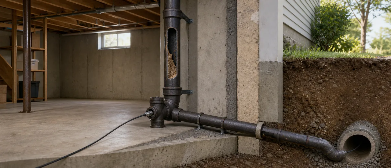 Educational illustration explaining should you buy a house with cast iron drain pipes.