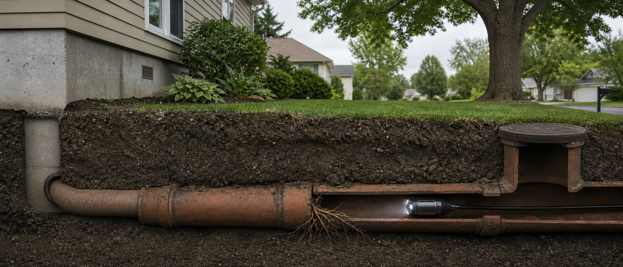 Educational illustration explaining can a home inspector miss tree roots in the sewer line.