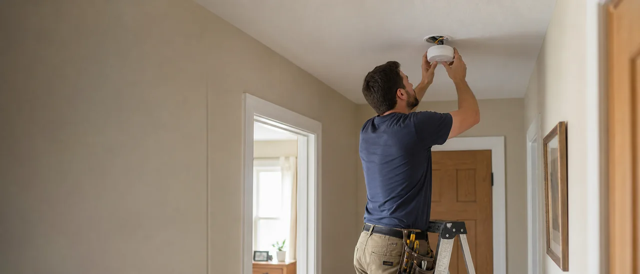 Electrician installing a smoke alarm on a residential ceiling
