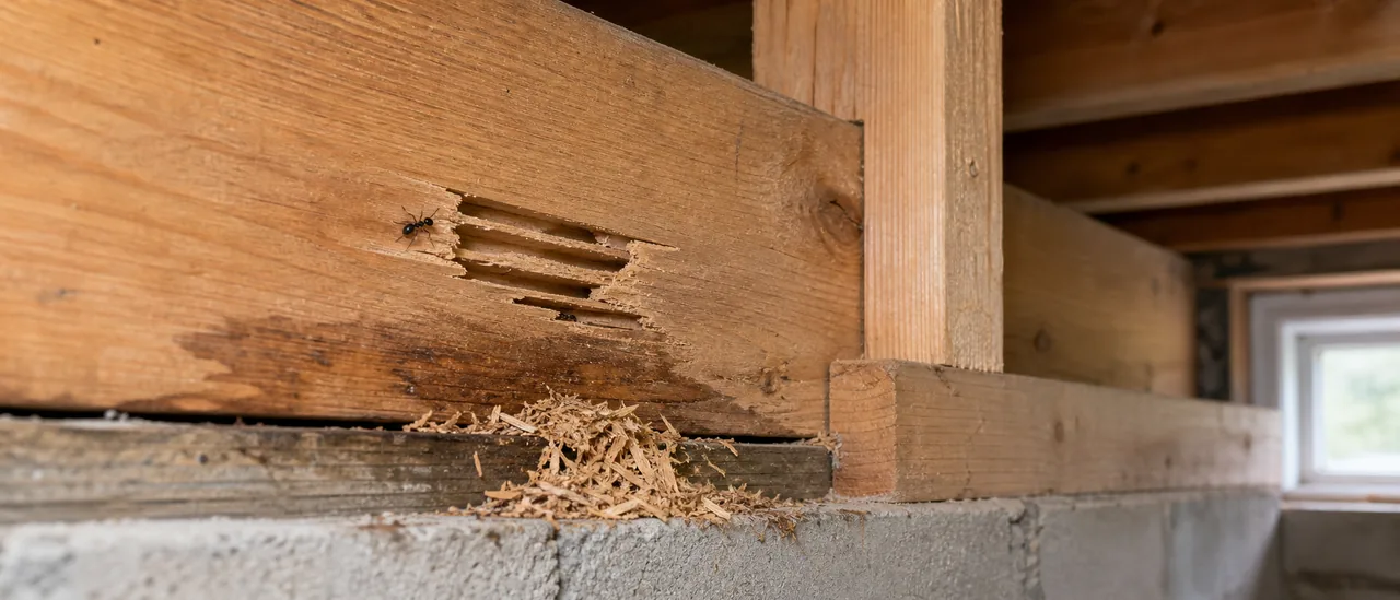 Educational illustration explaining what does carpenter ant damage mean on a home inspection.