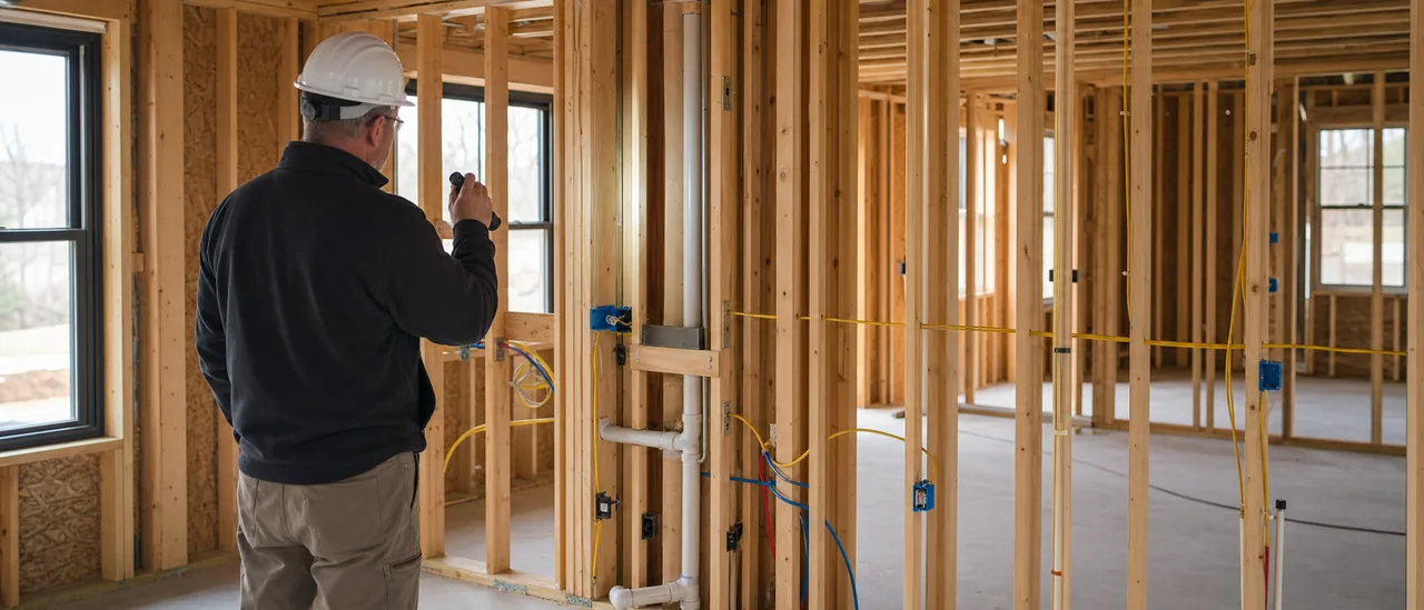 Educational illustration explaining what is a new construction inspection and what does it include.