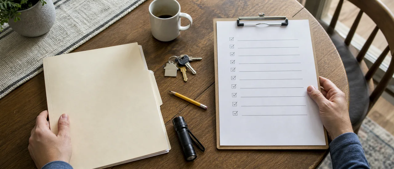 Homebuyer reviewing an inspection report beside an earnest-money agreement and house keys.