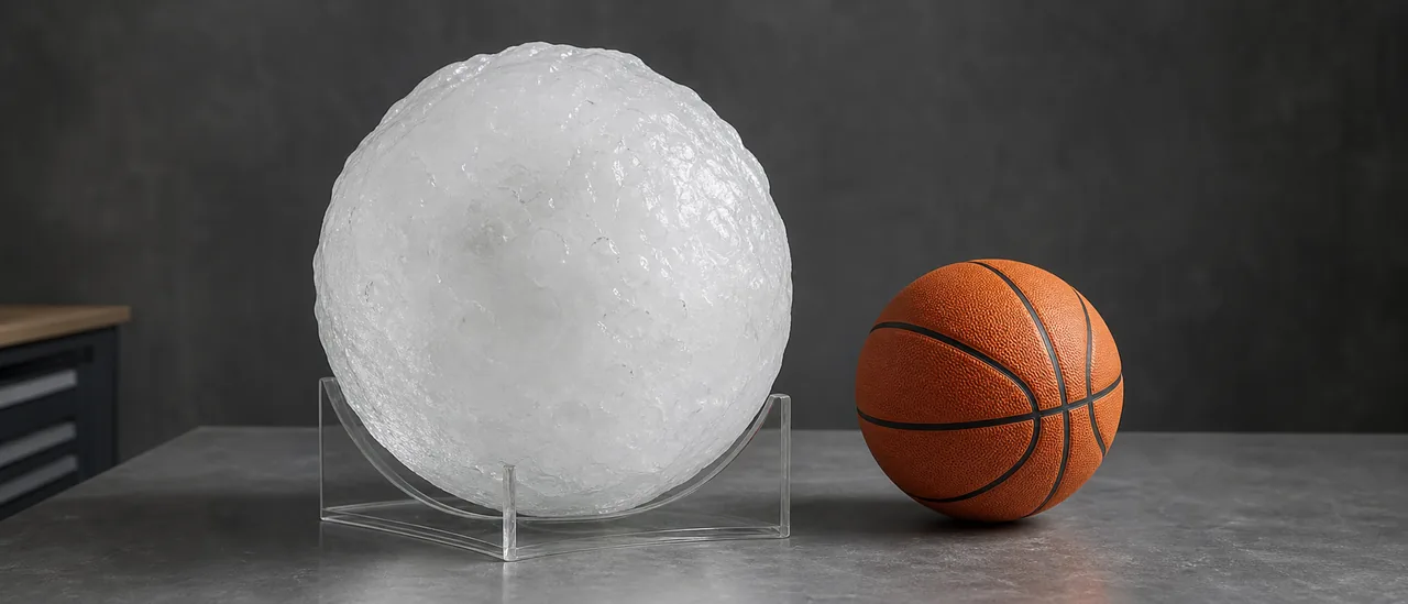 Educational illustration explaining how large would a 75-pound hailstone be.