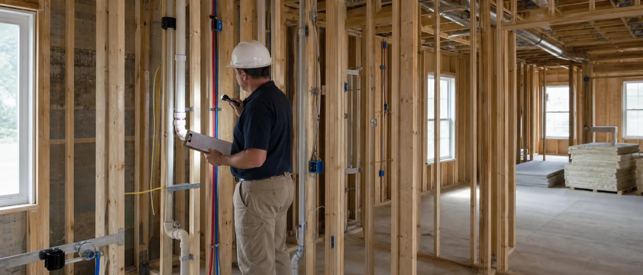 Inspector reviewing exposed wall framing and utility rough-ins before drywall installation