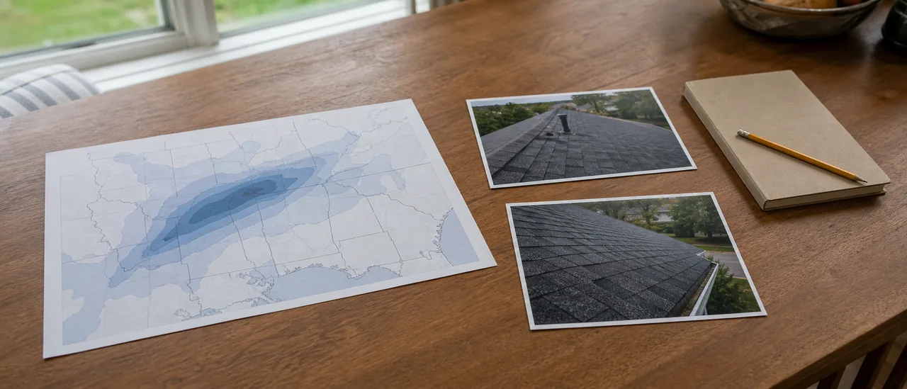 Weather timeline and home inspection notes shown as separate pieces of evidence