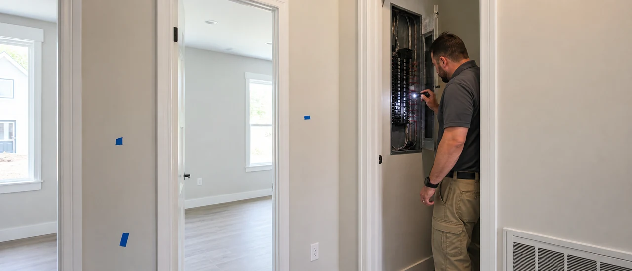 Inspector examining an electrical panel while a homeowner marks finish items with blue tape