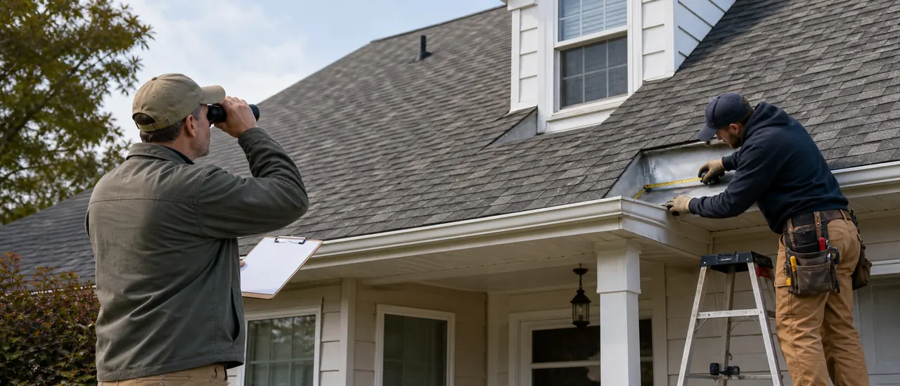 An inspector documents a shingle roof while a roofer measures flashing from a ladder.