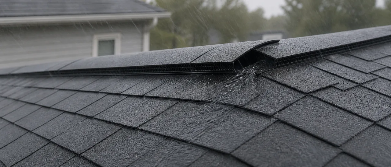 Educational illustration explaining what causes a roof leak during wind-driven rain.