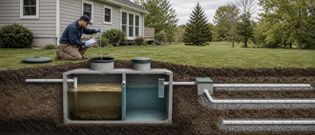 Educational illustration explaining how long does a septic inspection take.