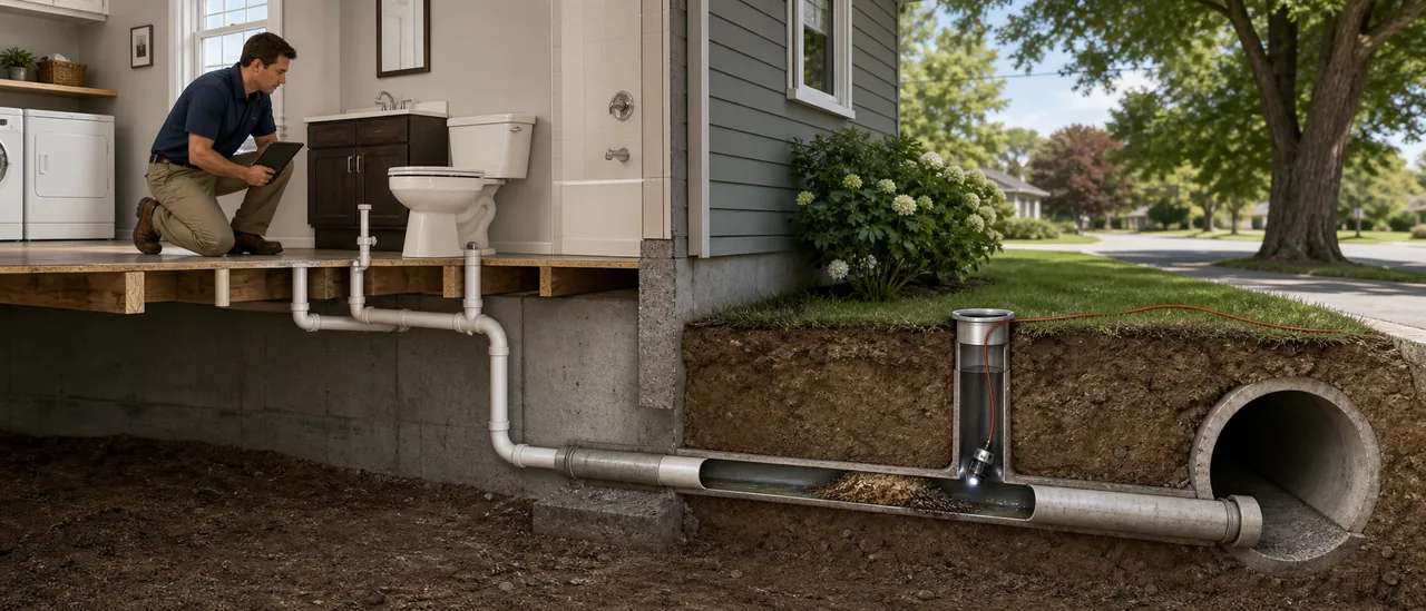 Educational illustration explaining can a home inspector miss sewer line blockage.