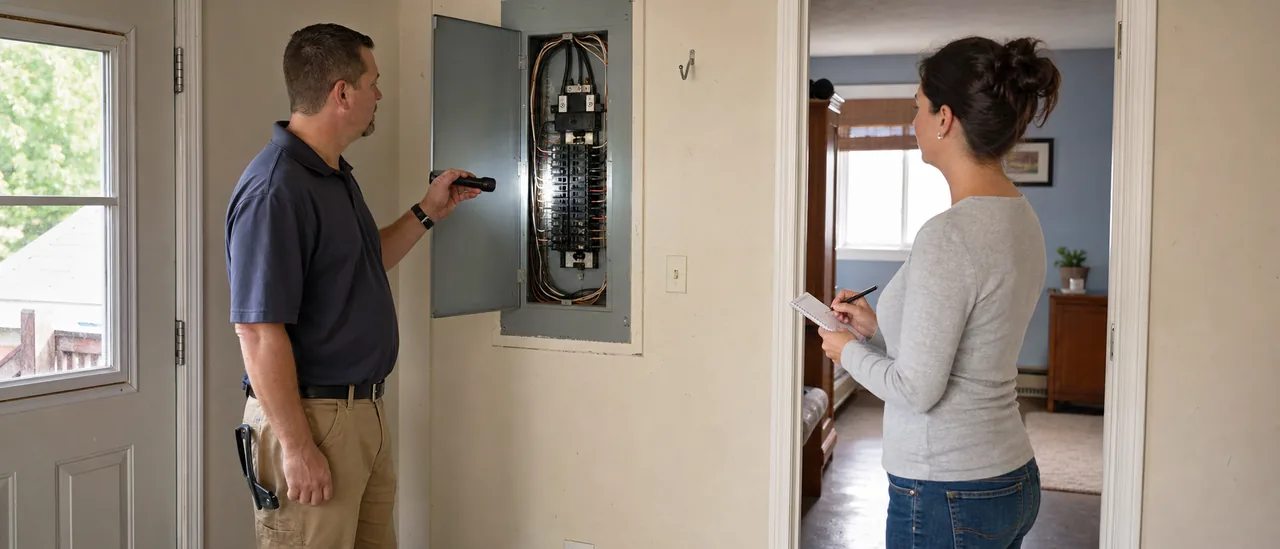 Home buyer observing an inspector examine an electrical panel