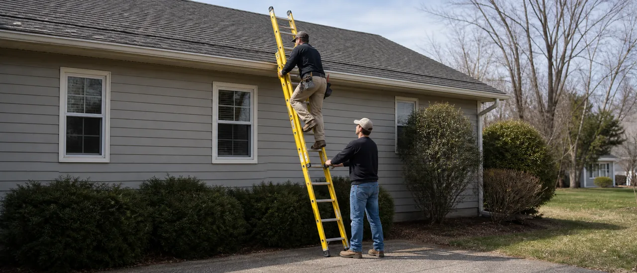 Educational illustration explaining should someone hold the ladder during an inspection.