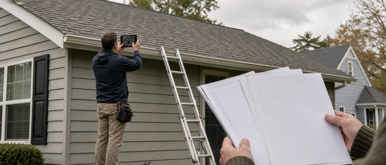 Roof inspector documenting shingle condition while a homeowner reviews insurance papers