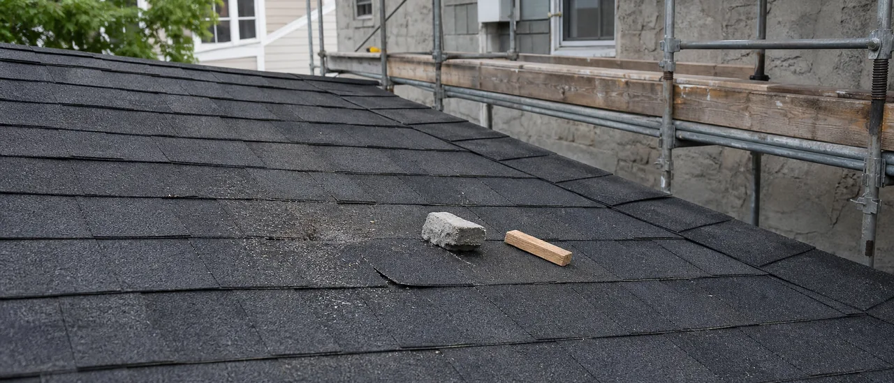 Educational illustration explaining what roof damage can falling construction debris cause.