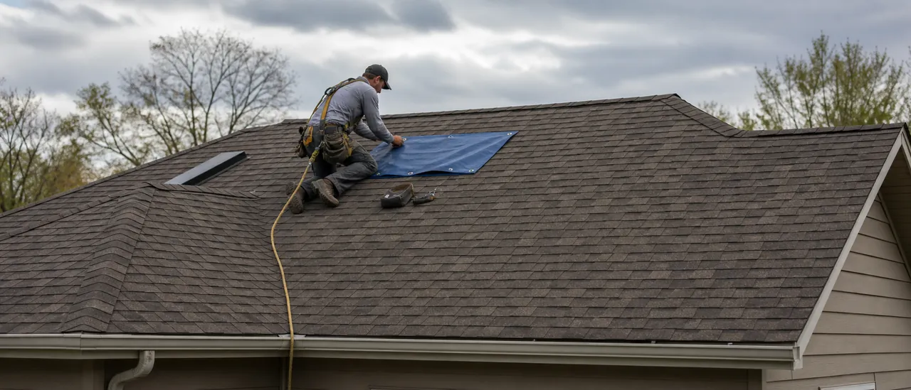 Roofer securing a plain protective tarp over a small damaged roof area while the surrounding shingles remain visible