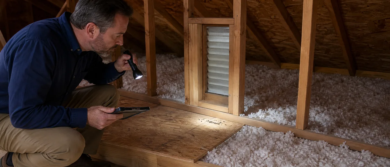 Home inspector shining a flashlight near rodent droppings in an unfinished attic