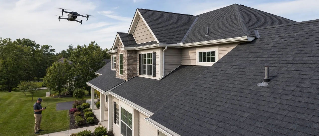 Drone camera documenting visible roof surfaces while an inspector reviews an organized image set