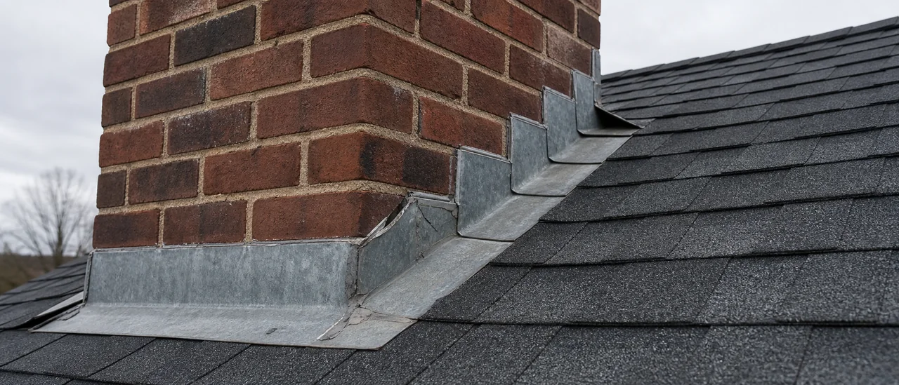 Educational illustration explaining what causes damaged chimney flashing.