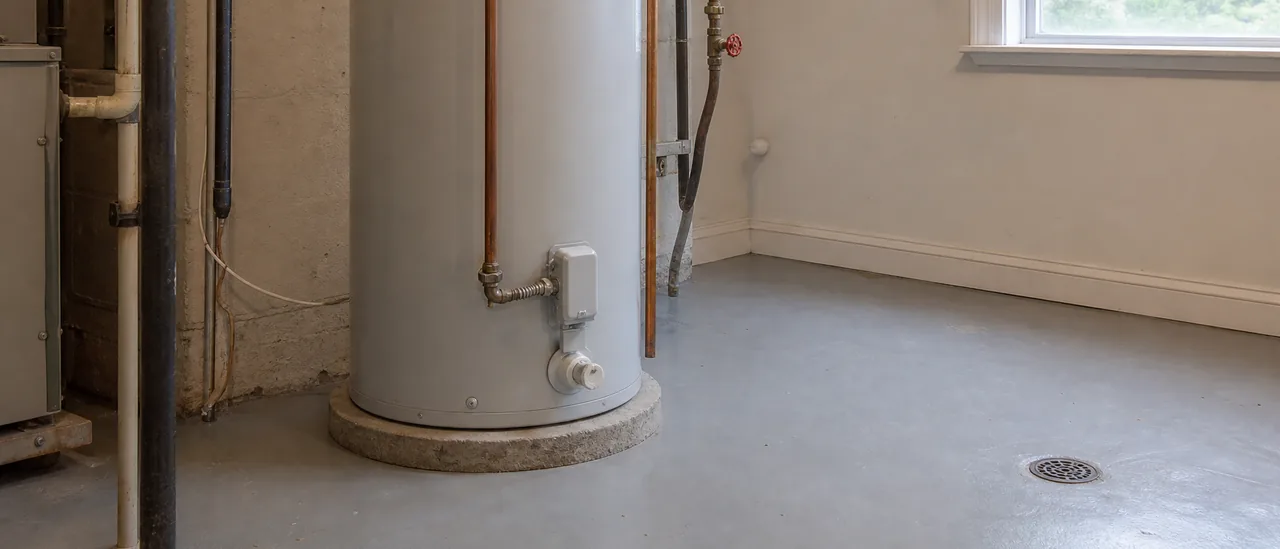 Educational illustration explaining what does missing water heater drain pan mean on a home inspection
