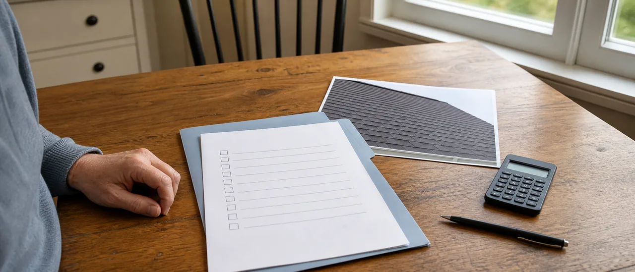 Homeowner reviewing a roof inspection agreement and payment terms at a table