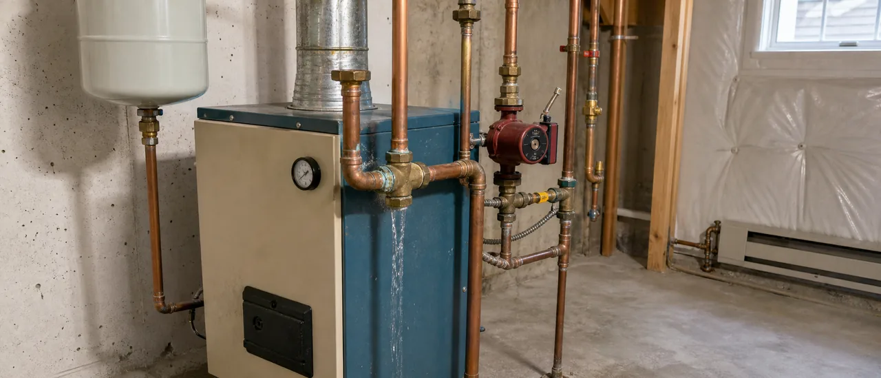 Hydronic boiler and connected piping being visually examined in a home