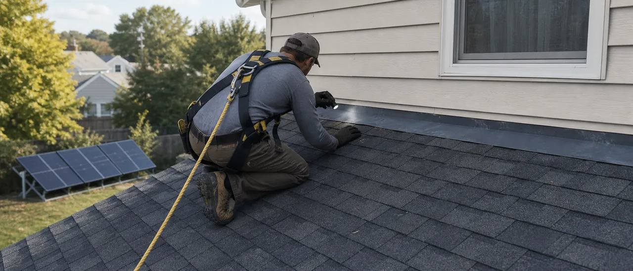 Solar installer examining shingles and flashing on a residential roof before panel installation