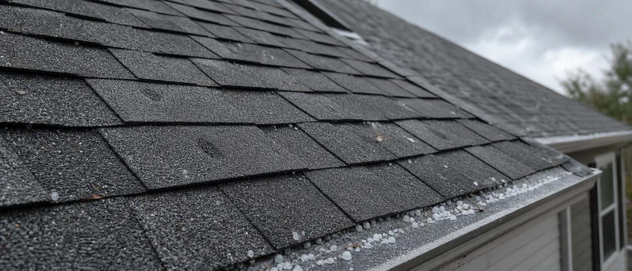 Close view of impact-resistant asphalt shingles after a hailstorm
