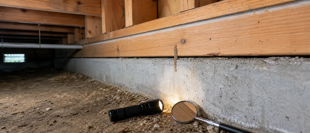 Home inspector examining an accessible wooden sill for subtle termite evidence