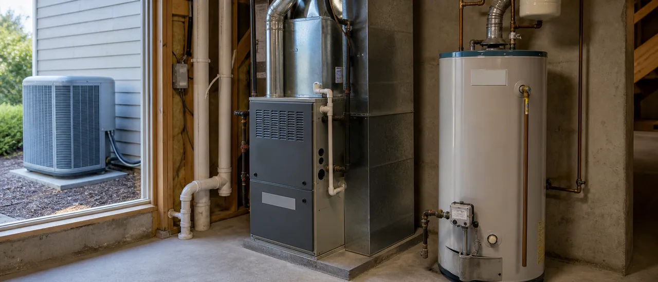 Educational illustration explaining how old are the furnace, air conditioner, and water heater.