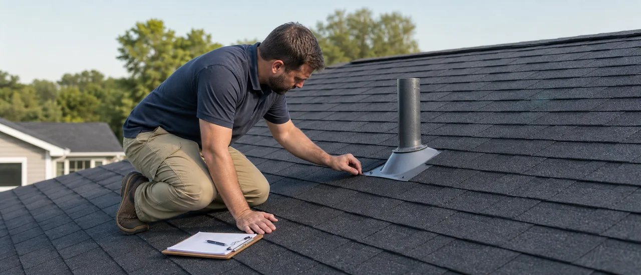 An inspector examining the flashing and shingles on a newly completed residential roof