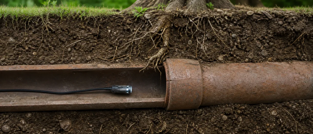 Educational illustration explaining what do tree roots in the sewer line mean on a home inspection.