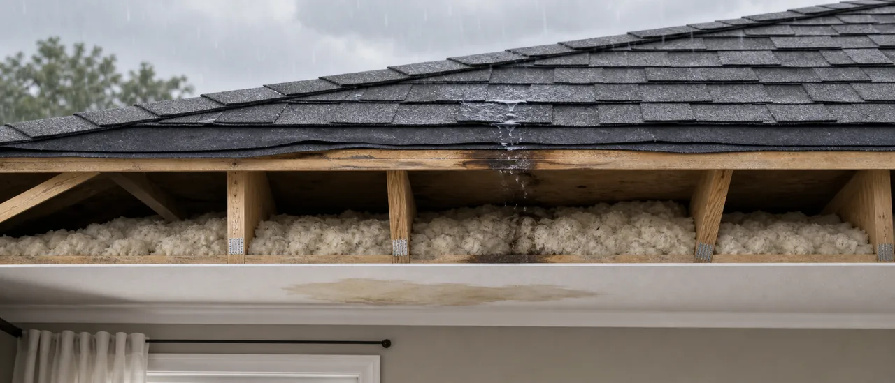 Cutaway view of a small roof leak wetting sheathing, insulation, and ceiling material