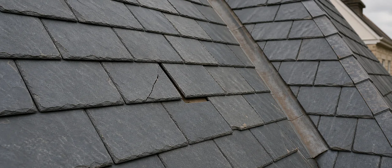 Educational illustration explaining what problems are common on a slate roof.