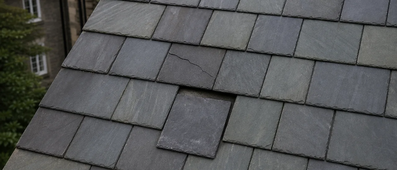 Educational illustration explaining what causes cracked or slipped slate tiles.