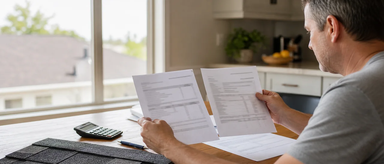 Homeowner comparing replacement cost and depreciated roof claim documents at a kitchen table