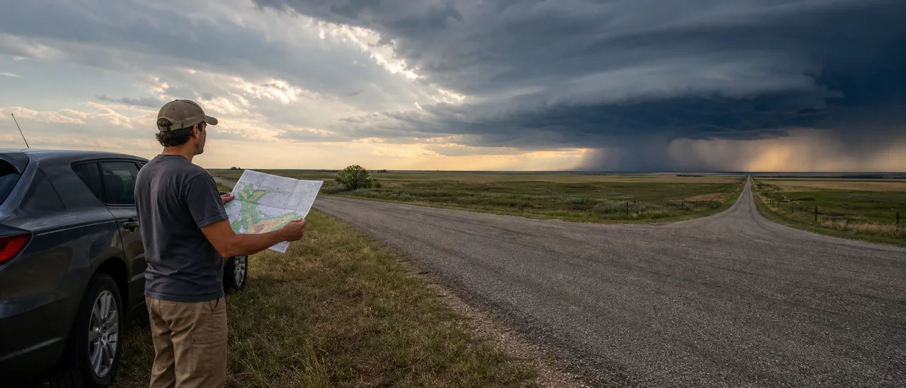 Educational illustration explaining how do storm chasers know where to go.