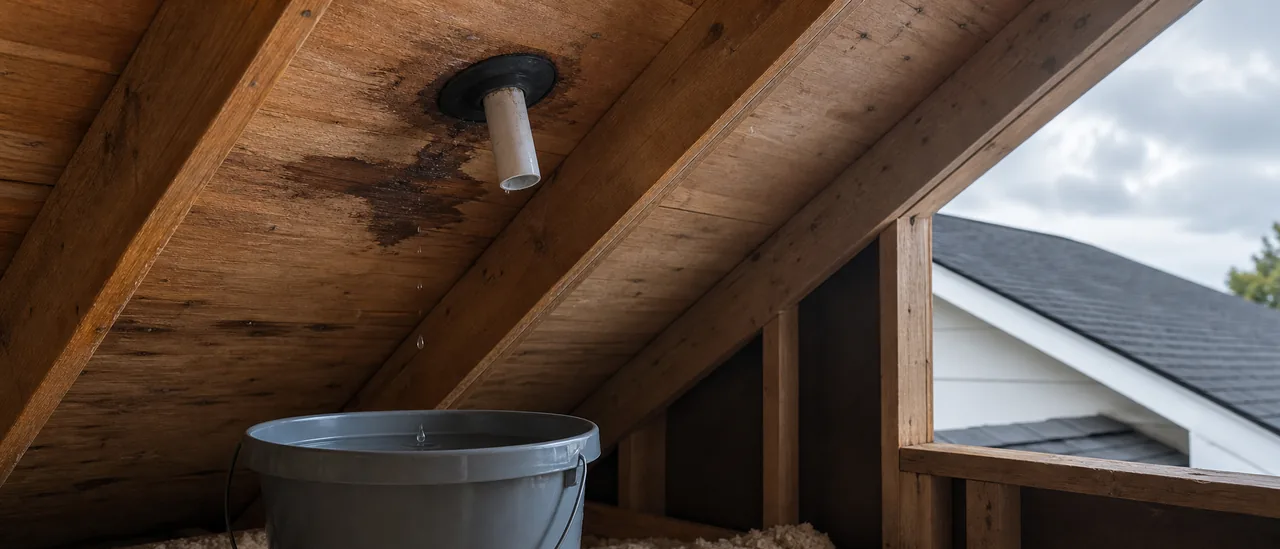 Educational illustration explaining can an FHA loan close with a leaking roof.
