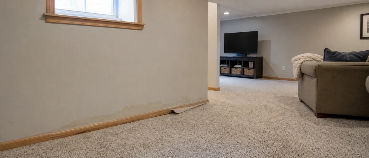 Educational illustration explaining what does finished basement water damage mean on a home inspection.