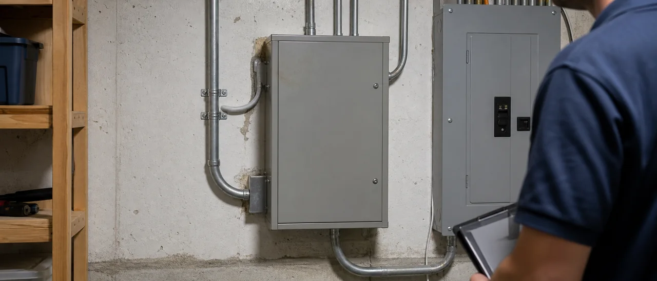 Educational illustration explaining what do generator transfer switch problems mean on a home inspection.