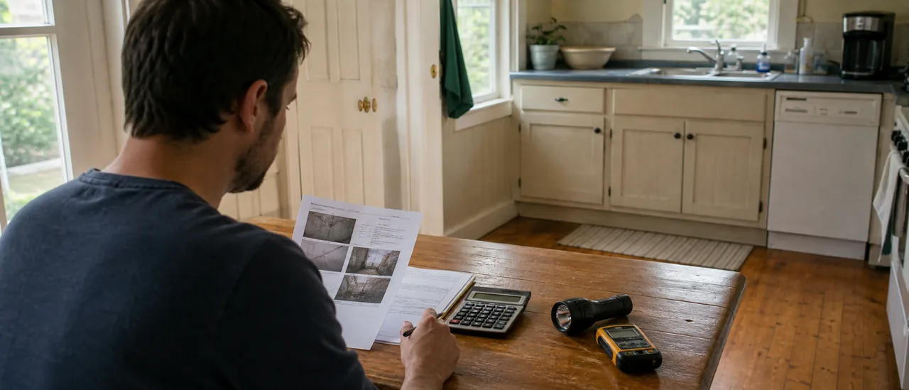 Buyer reviewing an as-is home inspection report and proposed seller credit