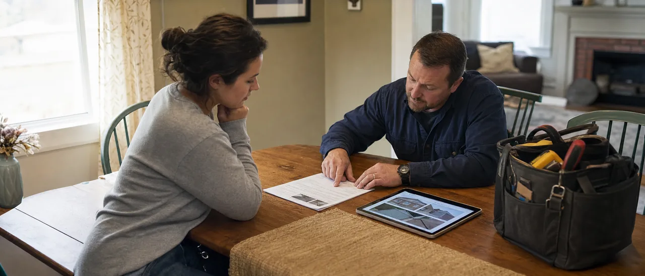 Homebuyer reviewing an inspection agreement and report with an independent inspector