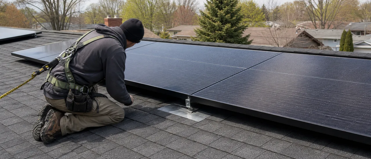Roofing professional inspecting solar-panel mounting points on a residential shingle roof.