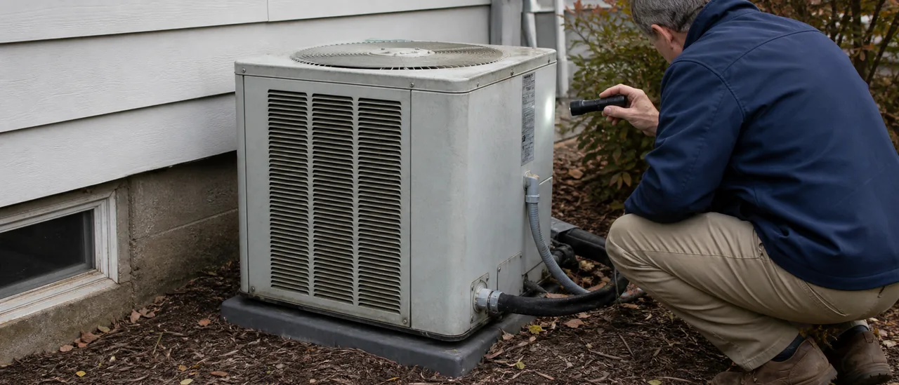 Educational illustration explaining what does an old heat pump mean on a home inspection.