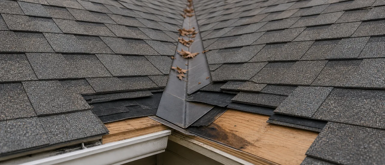Educational illustration explaining what causes a roof leak near a roof valley.